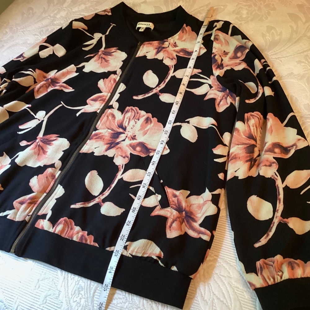 NWOT Monteau Black Floral Bomber Jacket Lightweight Zip Up Womens Size L - Picture 9 of 11